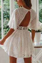 Cutout Round Neck Short Sleeve Boho Dress