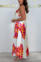 Satin Unique Print V-neck Suspender Midi Dress