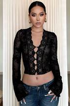 Printed Mesh Ruffled Sheer Chic Sexy Crop Top