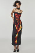 Flame Print Cami Backless Midi Dress