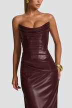 Alba Faux Leather Pleated Off Shoulder Neck Slit Stretch Maxi Dress