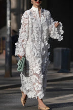 Solid Color Hollow Embroidery Loose Long Sleeve Midi Dress