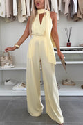 Deep Impression Solid Color Ribbon Neck Pocketed Wide Leg Jumpsuit