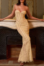 Summer Colour Sian Floral Lace Contrast Structural Detail Back Lace-up Strapless Slit Maxi Dress