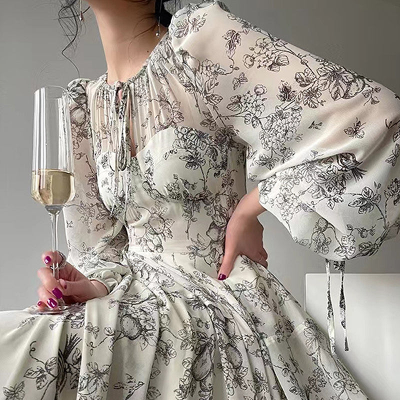 Beige Floral Print Long Sleeve Midi Dress
