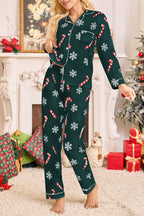 Snowflake Candy Print Casual Long-sleeved Shirt and Elastic Waist Pants Set