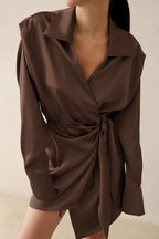 Solid Wrap Front Long Sleeve Slim Waist Mini Dress