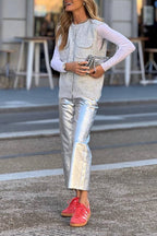 Light grey knitted cardigan vest with pockets