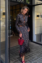 Button Front Floral Long Sleeve Blouse Skirt Set