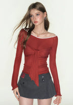 Red Long Sleeves Off-Shoulder Tie-Front Top
