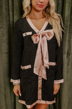 Myrna Premium Looking Fabulous Tweed Satin Bow Patchwork Pocket Mini Dress H Line Chic Silhouette Collection