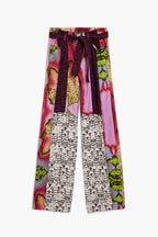 Fashion Patchwork-style Print Mid Rise Elastic Waist Pocket Straight Drape Pants