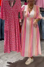 Multi-Color V-Neck Puff Sleeve Backless Tie-Waisted Flowy Maxi Dress