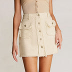 Beige Button Front Frayed Trim High Rise Denim Mini Skirt