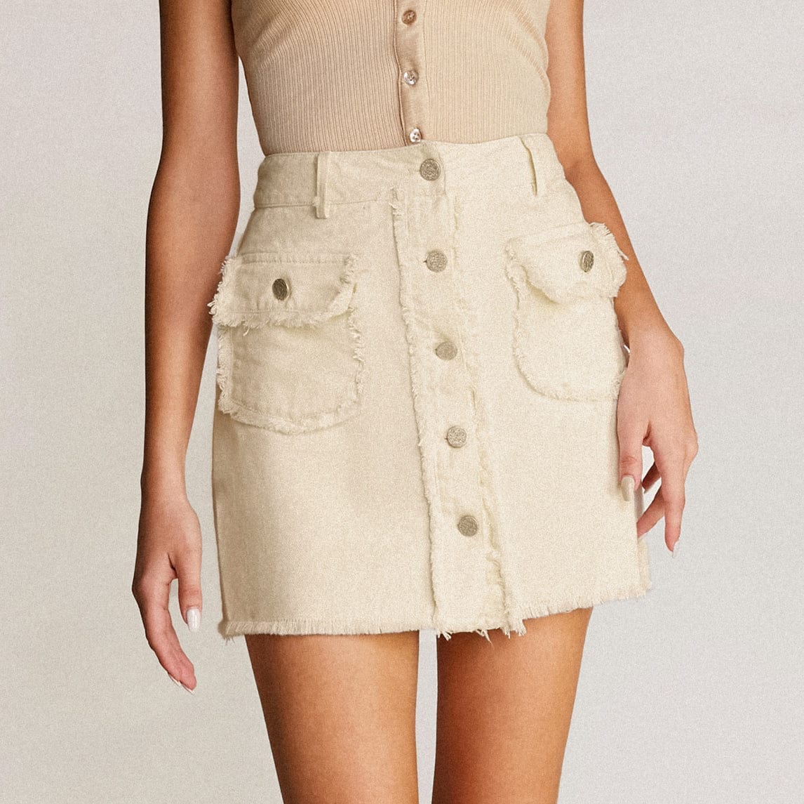 Beige Button Front Frayed Trim High Rise Denim Mini Skirt