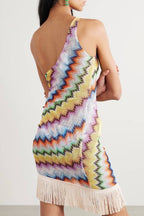 Eline Knit Colorful Zigzag PatternOne Shoulder Ruched Tassle Trim Mini Dress