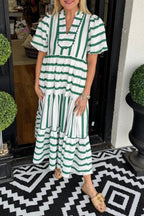 Women's Short Bubble Sleeve Striped Dress With Pockets