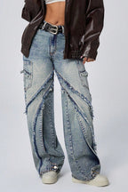 Wide Leg Raw Hem Patchwork Loose Fashion Jeans