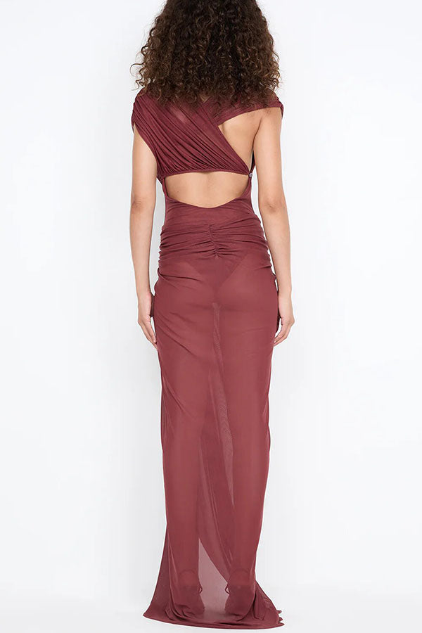 Leia Tulle Pleats and Knotted Detail Drape Slit Maxi Dress