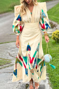 Vintage Geometric Print Padded Shoulder V-neck Waisted Maxi Dress