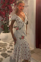 Chic Deep V Short Sleeve Slim Floral Dress