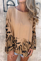 Leopard Print Loose-fitting Round Neck Long-sleeved Casual Top