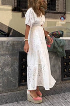Openwork Embroidered V-Neck Knot-Detail Waist-Defining Maxi Dress
