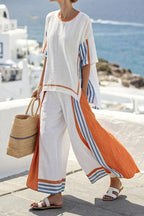 Linen Blend Unique Print Half Sleeve Top and Elastic Waist Pocket Loose Pants Set