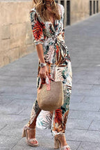 Tropical Print Twist Waist Slit Vacation Maxi Dress
