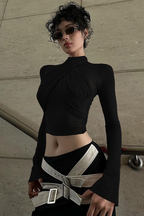 Slim Strappy Paneled Long Sleeve Stylish Crop Top