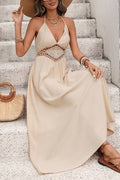 Halter V-Neck Crochet Waist Backless Tie Maxi Vacation Dress
