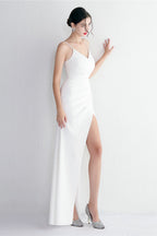 Long Satin Slit Halter Sheath Formal Dress