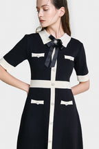 Black Contrast Trim Bow Brooch Knit Dress