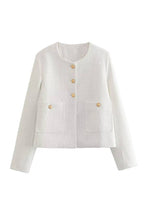Round Neck Slim Fit Colorblock Women's Button Jacket