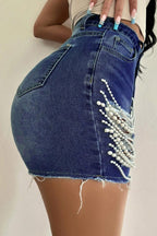 Beaded Chain Ripped High Waist Denim Shorts