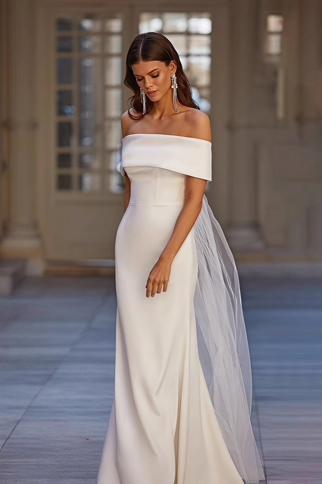 Simple Off Shoulder Mesh Sash Wedding Dress