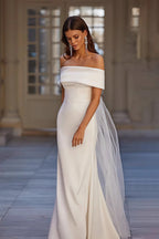 Simple Off Shoulder Mesh Sash Wedding Dress