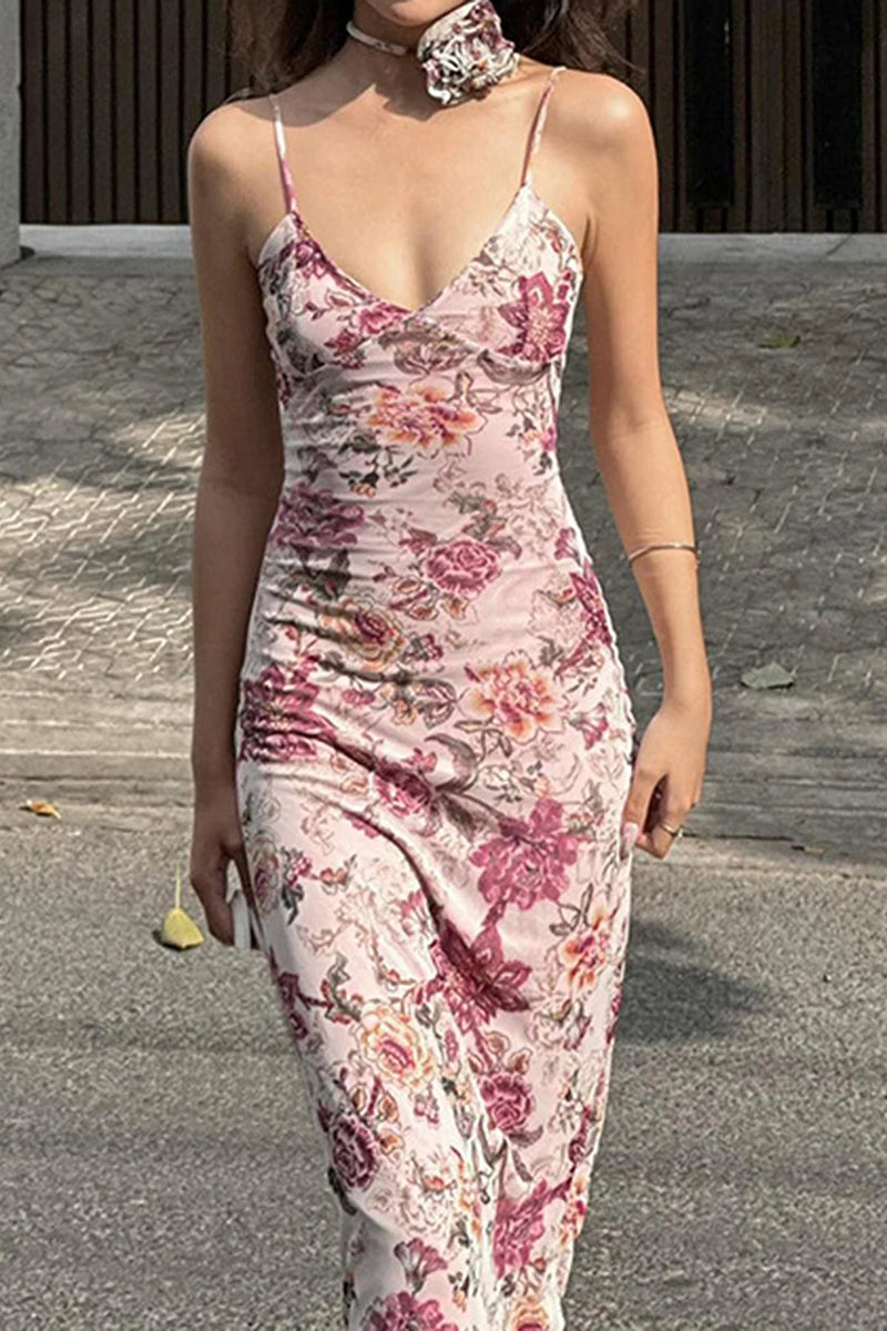 Backless VNeck Maxi Floral Dress