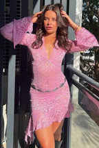 V Neck Bell Sleeve Sheer Lace Dress