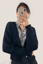 Black Plunge V-Neck Ribbed Knit Cardigan
