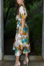 Cityscape Moment Satin Tie Dye Print Half Sleeve Wrap Midi Dress