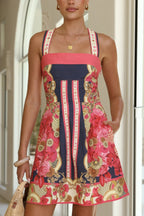 Unique Print Square Neck Sleeveless Casual Pocket Mini Dress