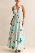 Floral Print V-neck Backless Tie-up Fitted Waist Elegant Maxi Dress