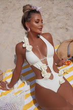 Solid Cutout 3D Floral One Piece Swimwear