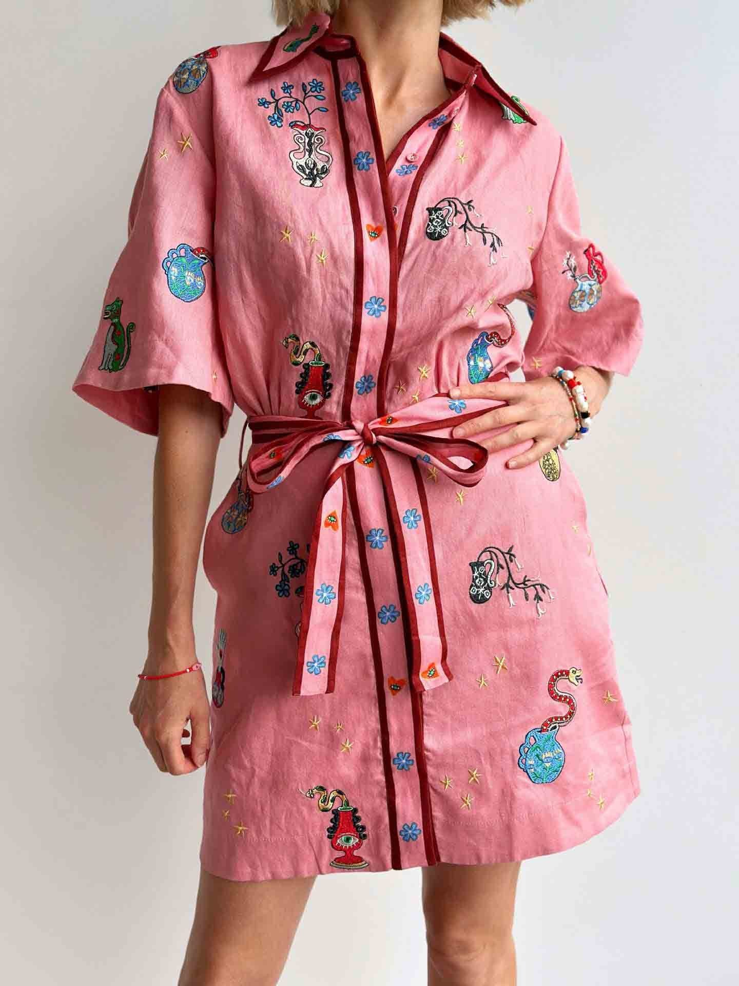 Casual Printed Shirt Collar Single breasted Mini Dress