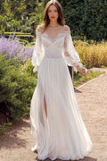 Lace Flowy High Slit Minimalist Reception Dress