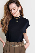 Black Rib-Knit Mock Neck Cap Sleeve Top