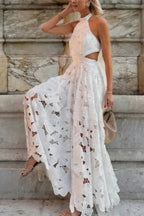 Sevilla Sun Embroidery Crochet Flowers Cutout Waist Halter Backless Maxi Dress