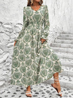 Estefanía Aesthetic Smocked Printed Dress with Flounced Sleeves and V Neck Boutique Collection