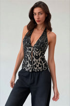 Leopard Print Sequin Deep V Sexy Vest
